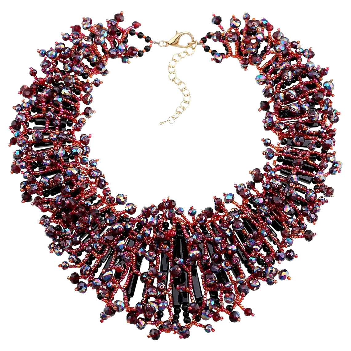 Dark blue crystal statement necklace set featuring bold cascading deep burgundy and black faceted beads in intricate design