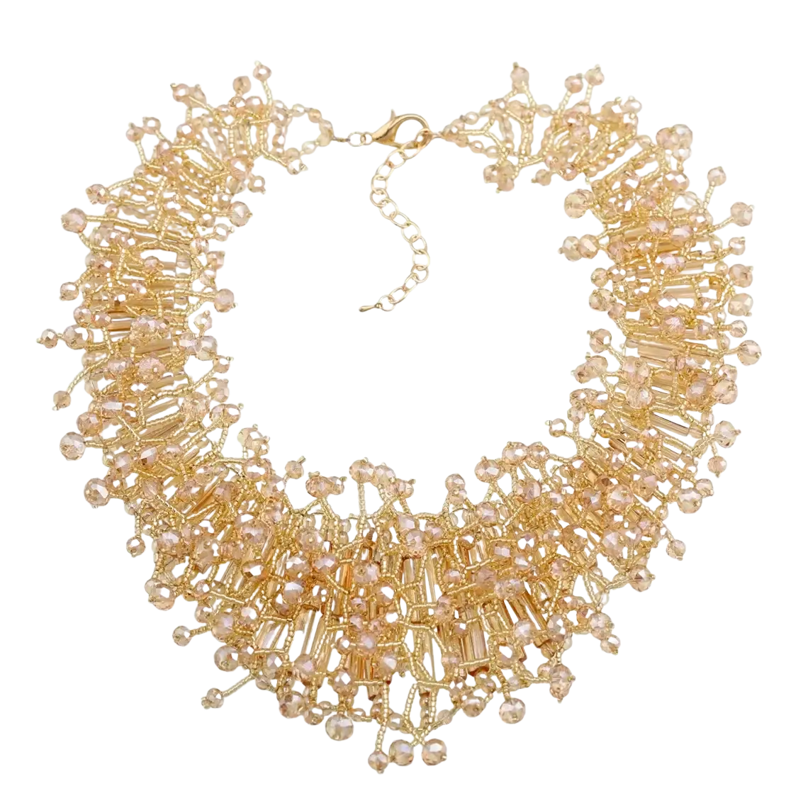 Delicate gold-toned beaded choker with intricate woven wirework and blush pink crystal strands in dark blue crystal set