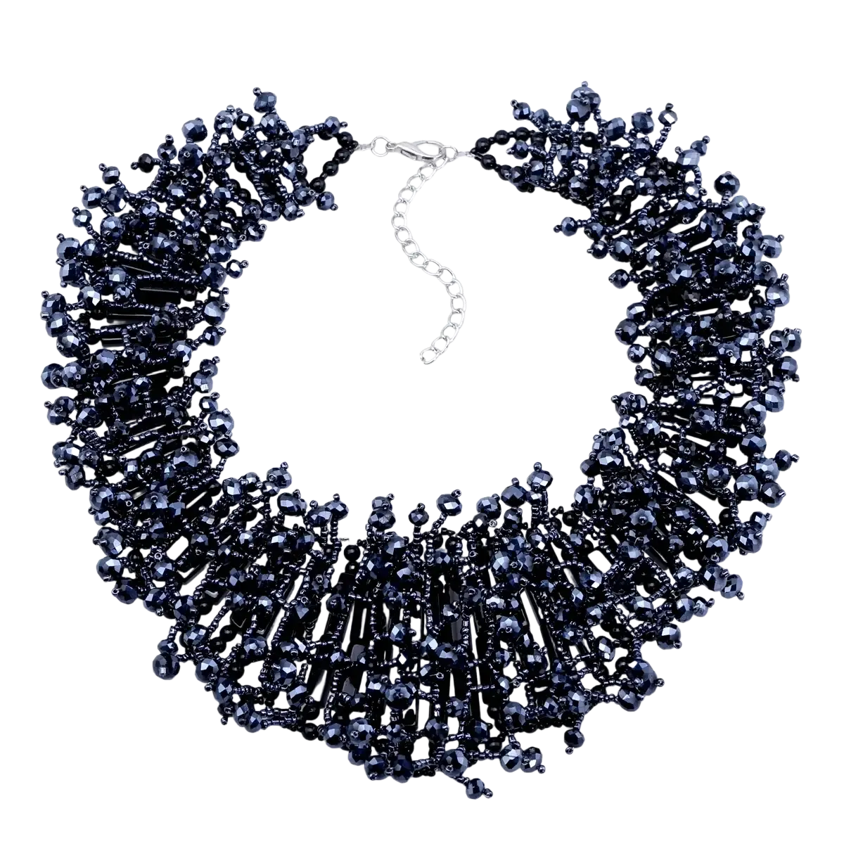 Elegant dark blue crystal statement necklace set featuring a navy beaded choker with silver chain clasp