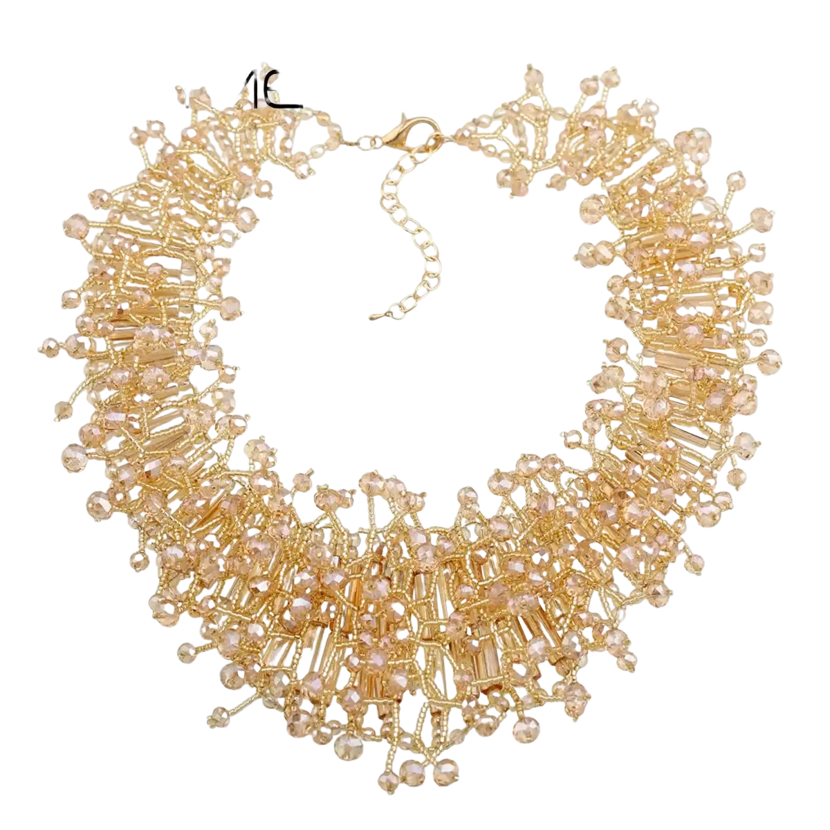 Gold-toned kaymen statement necklace with intricate beaded and crystal embellishments in dark blue crystal set