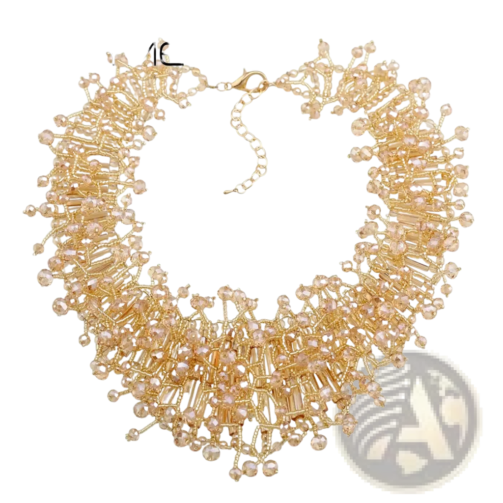Gold-toned kaymen statement necklace with intricate beaded and crystal embellishments in dark blue crystal set