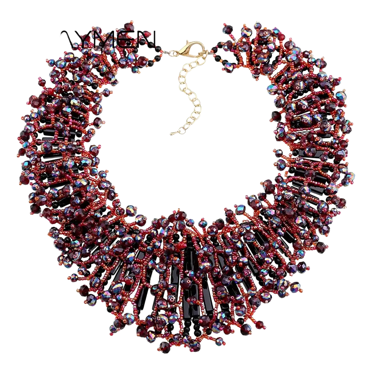 A dark blue crystal statement necklace by Kaymen featuring intricate beading with deep red and black faceted crystals