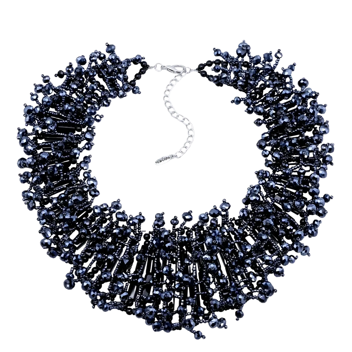 Kaymen dark blue beaded choker necklace with intricate crystal and black beadwork in a statement necklace set