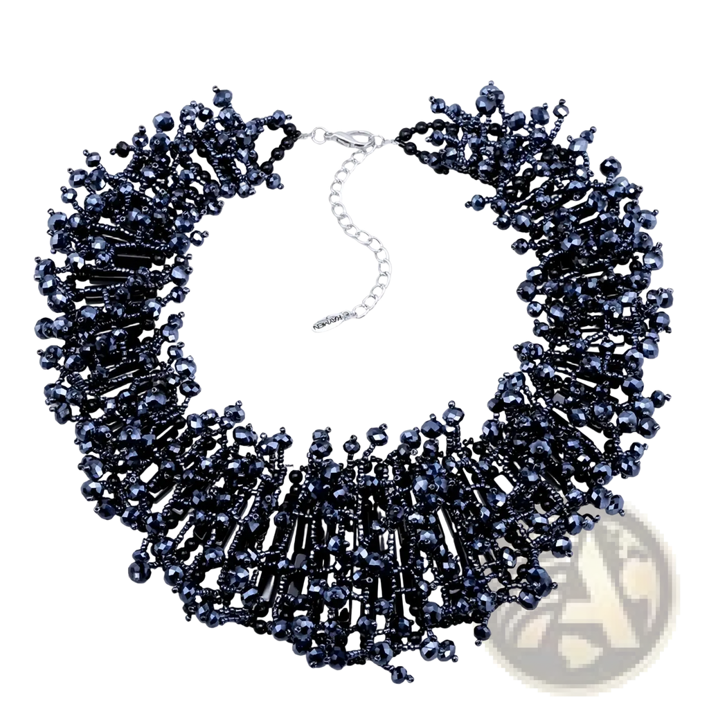 Kaymen dark blue beaded choker necklace with intricate crystal and black beadwork in a statement necklace set
