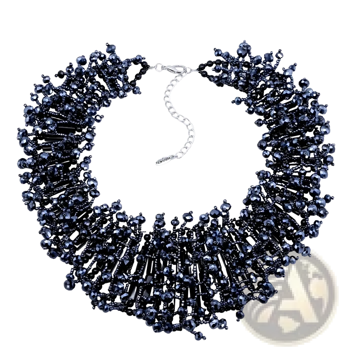 Kaymen dark blue beaded choker necklace with intricate crystal and black beadwork in a statement necklace set