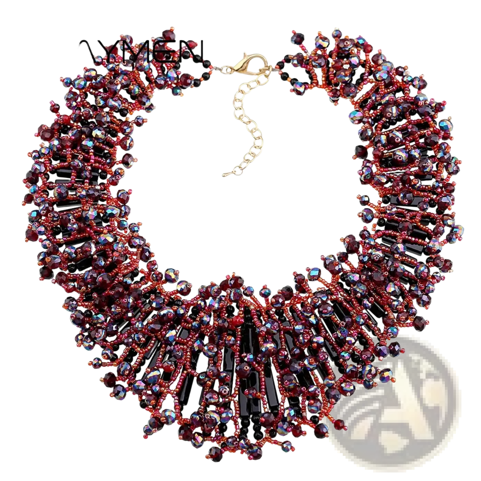 A dark blue crystal statement necklace by Kaymen featuring intricate beading with deep red and black faceted crystals