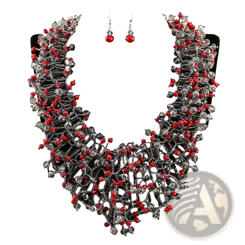 Red and clear crystal beaded statement necklace with silver-toned metalwork from dark blue crystal statement necklace set