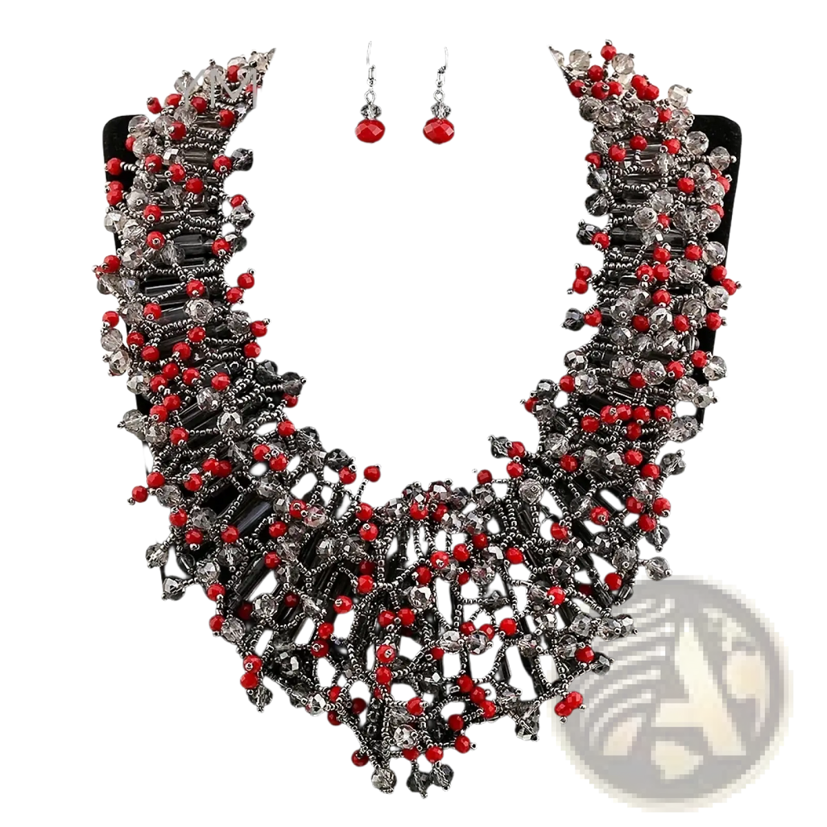 Red and clear crystal beaded statement necklace with silver-toned metalwork from dark blue crystal statement necklace set