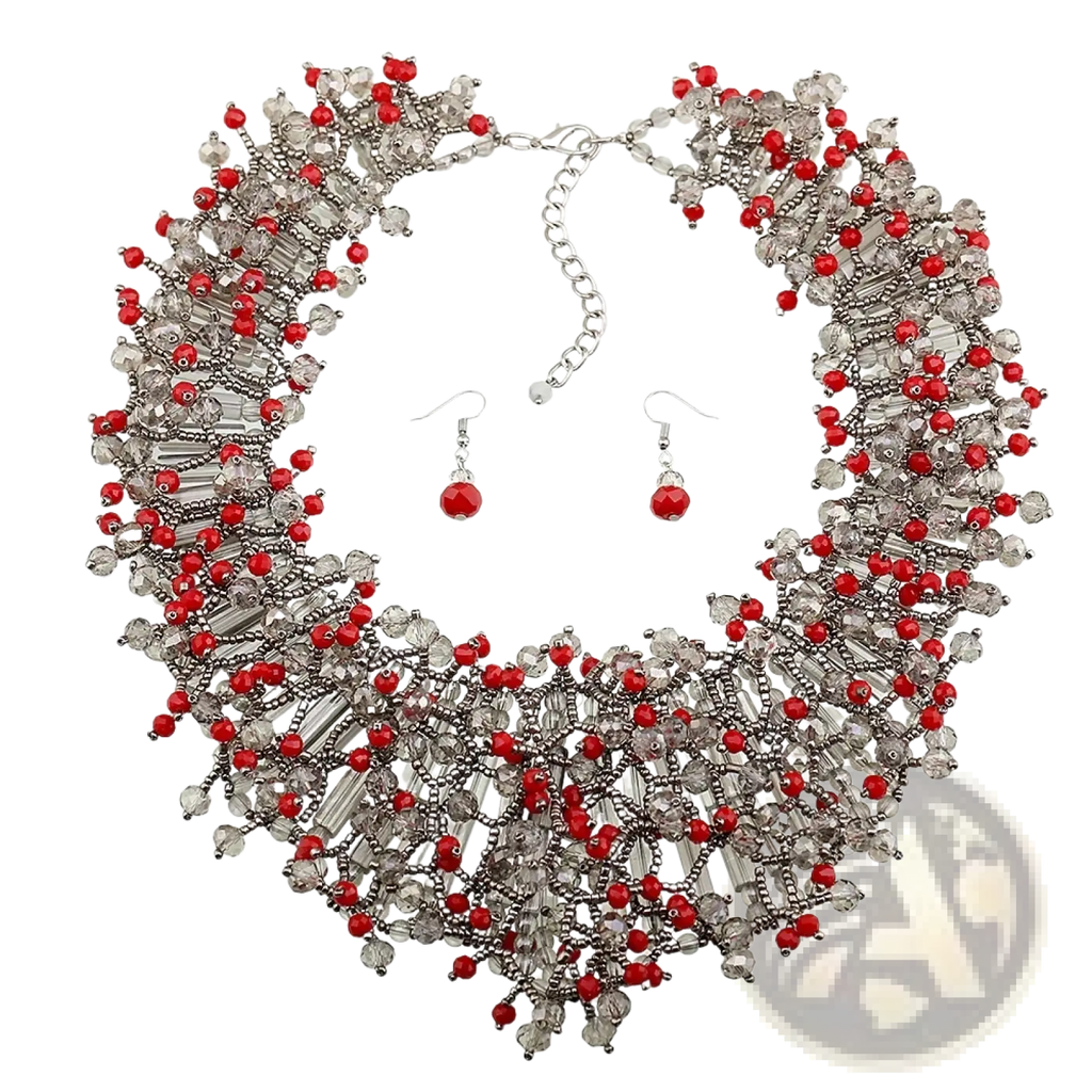 Dark blue crystal statement necklace set featuring red and clear crystal beads with silver-toned metal accents