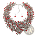 Dark blue crystal statement necklace set featuring red and clear crystal beads with silver-toned metal accents