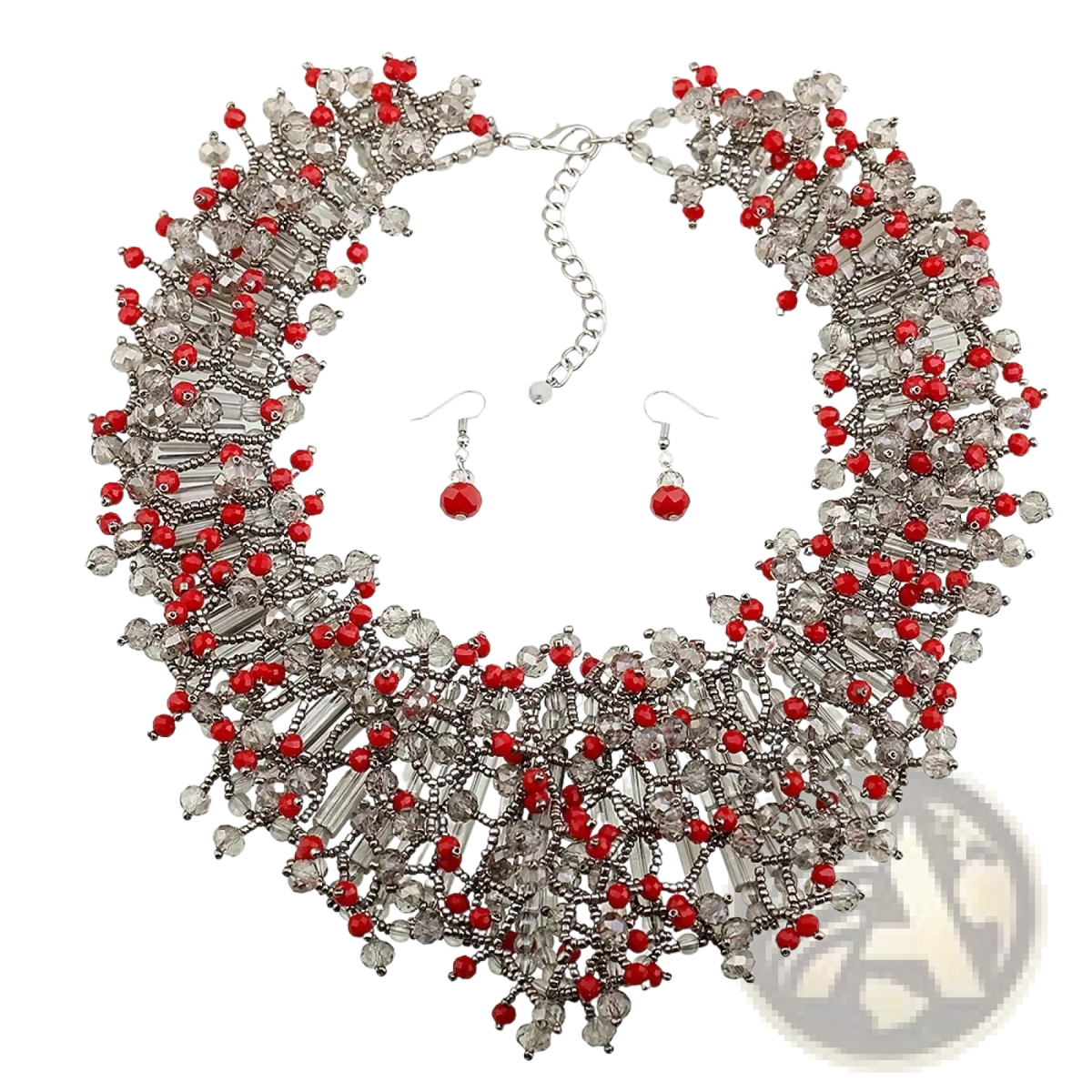 Dark blue crystal statement necklace set featuring red and clear crystal beads with silver-toned metal accents