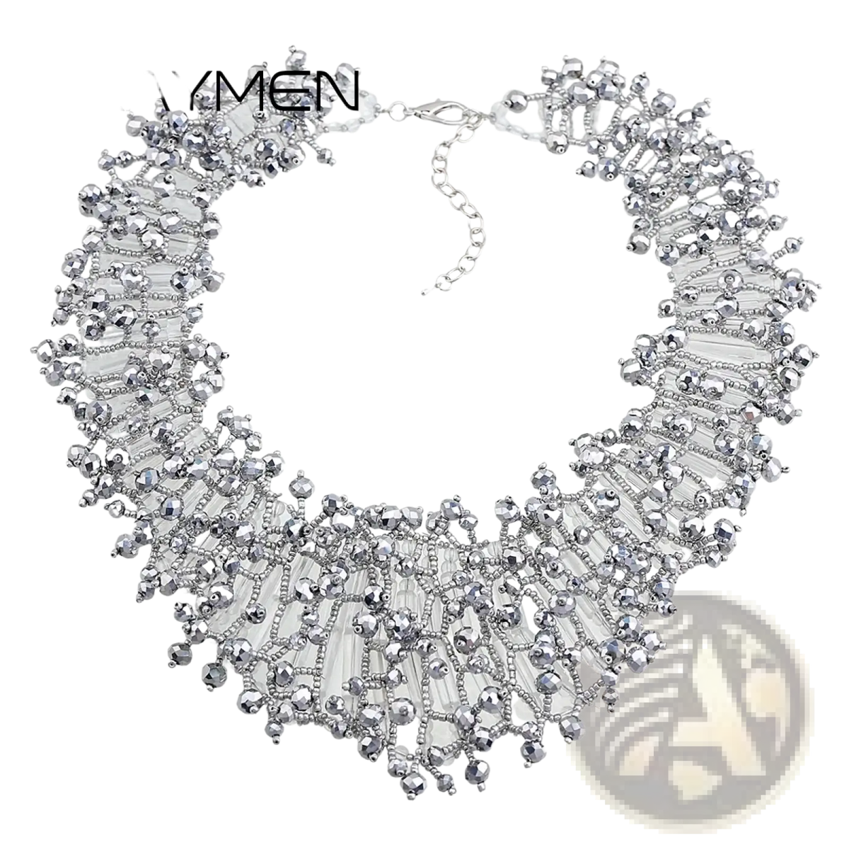 Silver beaded choker necklace with intricate crystal and metallic beadwork from dark blue crystal statement necklace set