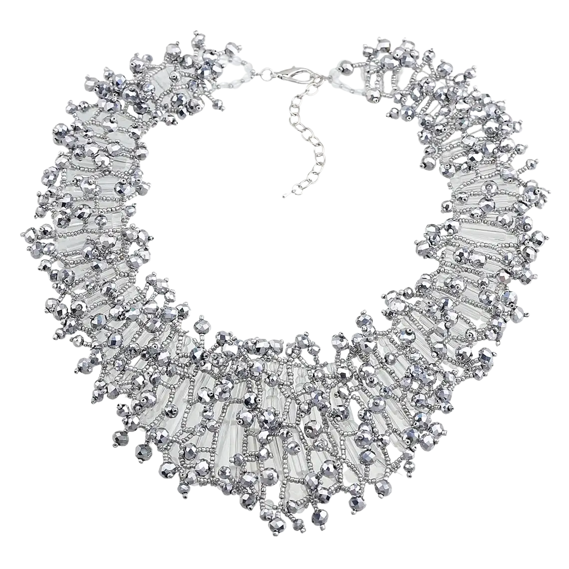 Silver beaded choker necklace with intricate mesh design and dangling crystal accents from dark blue crystal statement necklace set