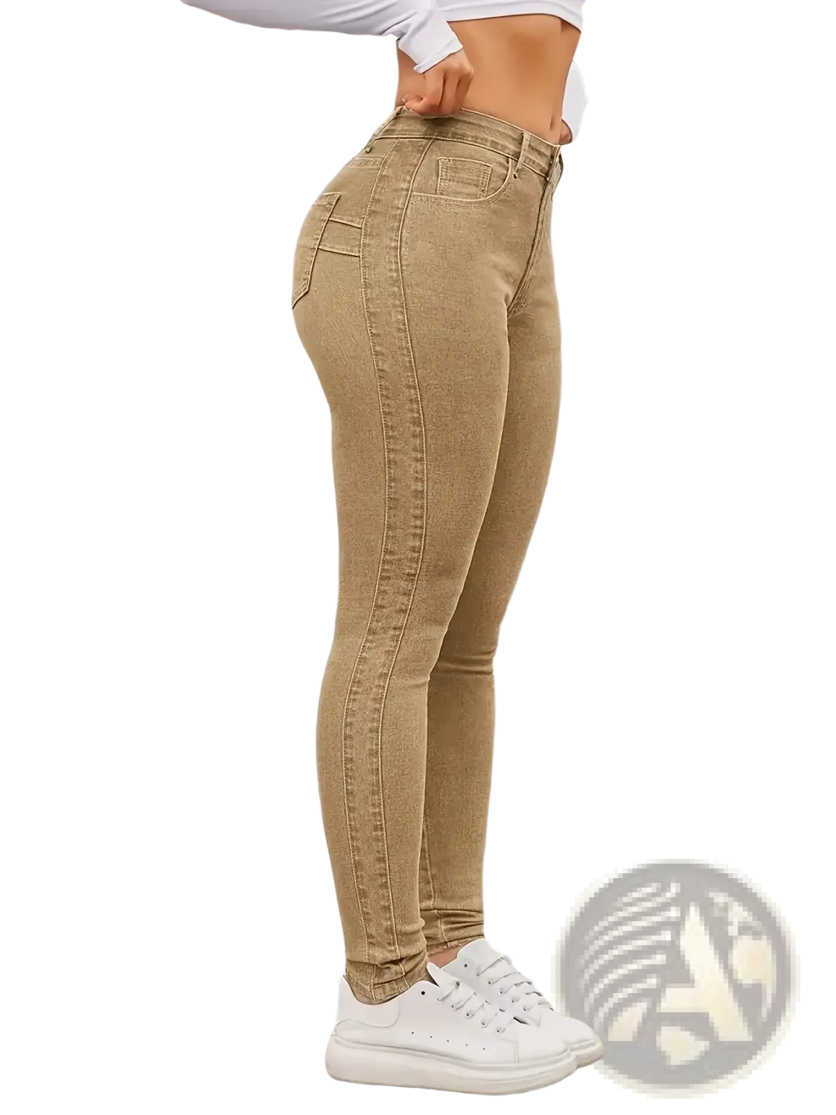 Dark blue high waisted denim leggings with tan high waisted skinny jeans style and classic five pocket design visible from the back