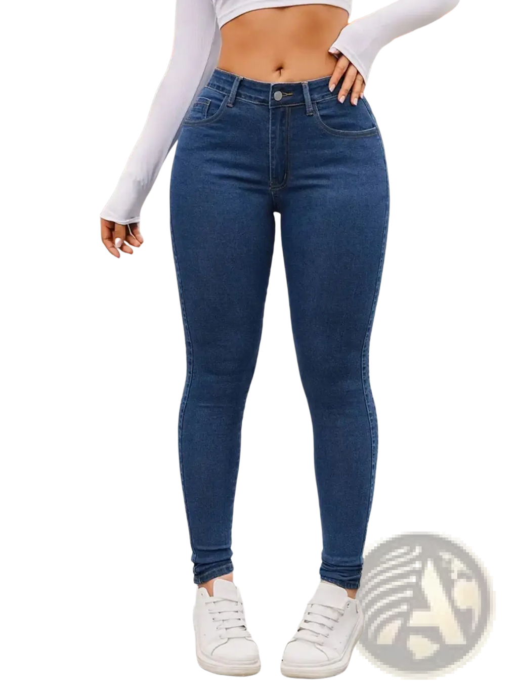 Dark blue high waisted slim fit denim leggings made from stretchy material for a sleek and comfortable look