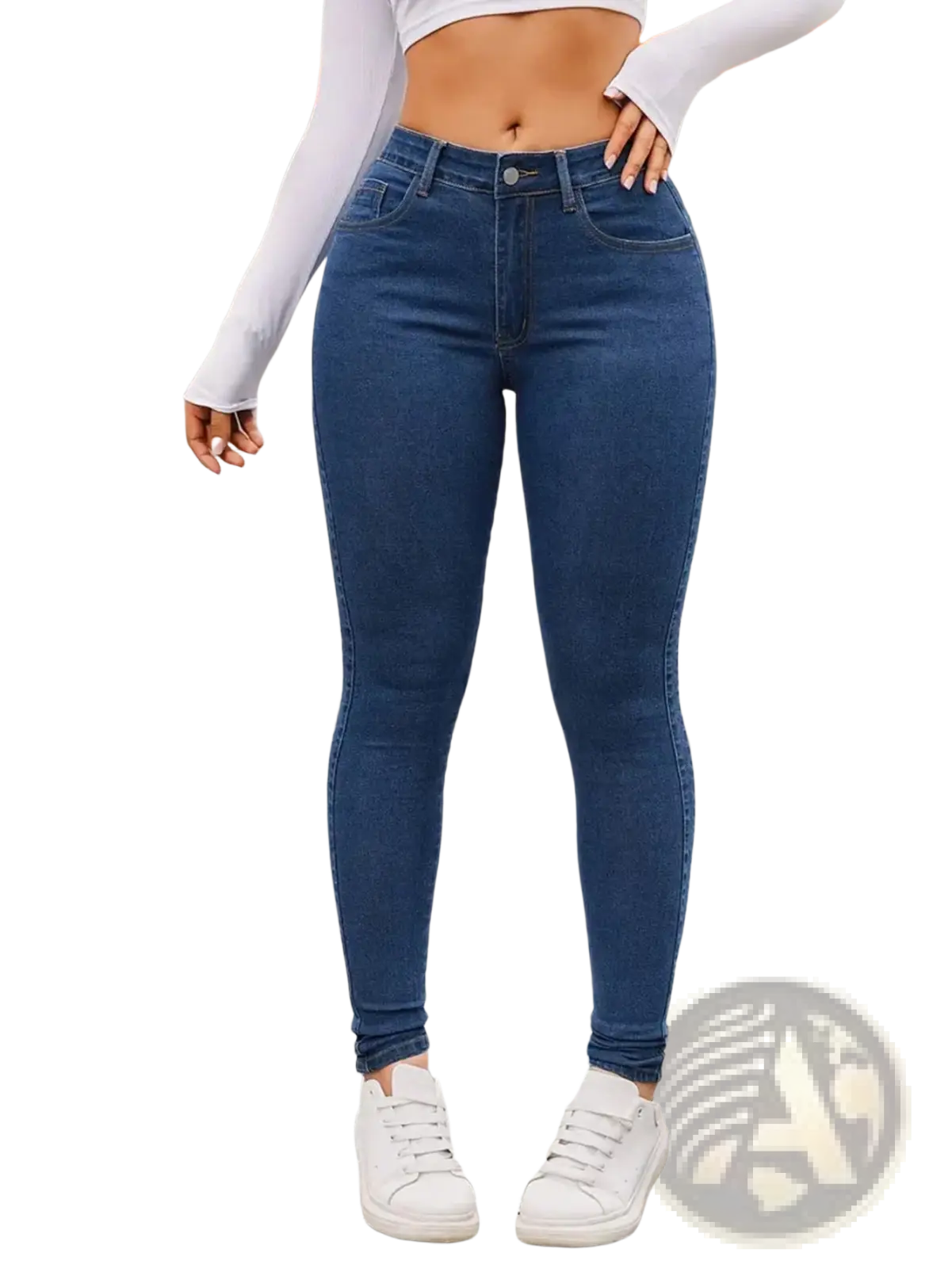 Dark blue high waisted slim fit denim leggings made from stretchy material for a sleek and comfortable look