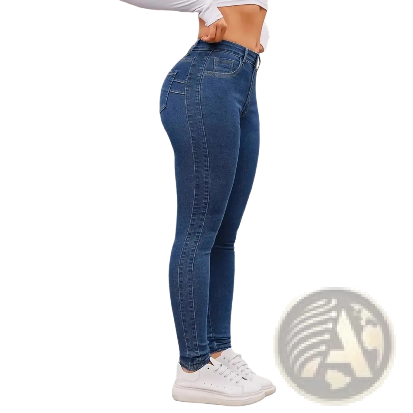 Dark blue high waisted denim leggings in slim fit with high waist crafted from blue denim material
