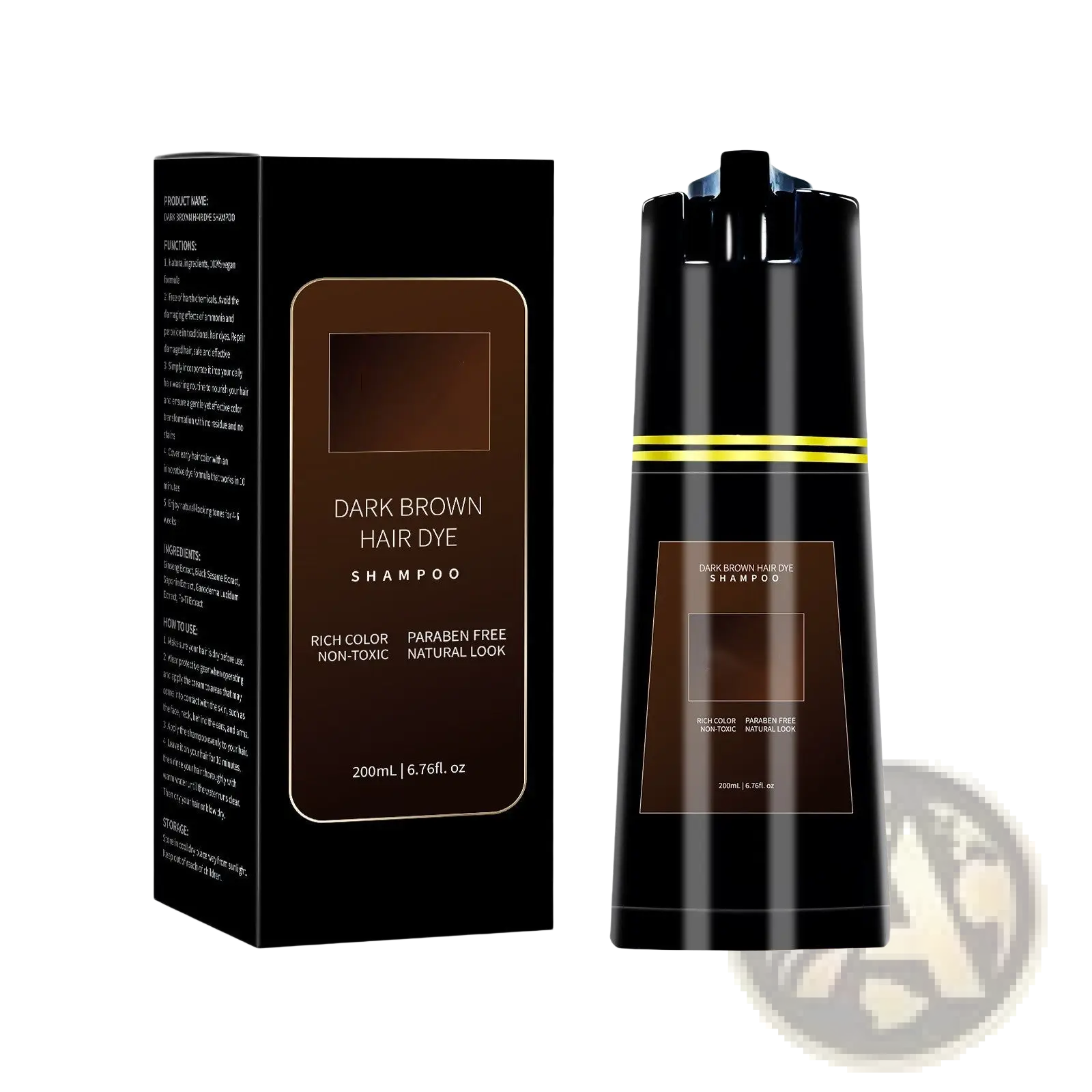 Black bottle of dark brown hair dye shampoo with gold accent stripes containing 200ml moisturizing formula