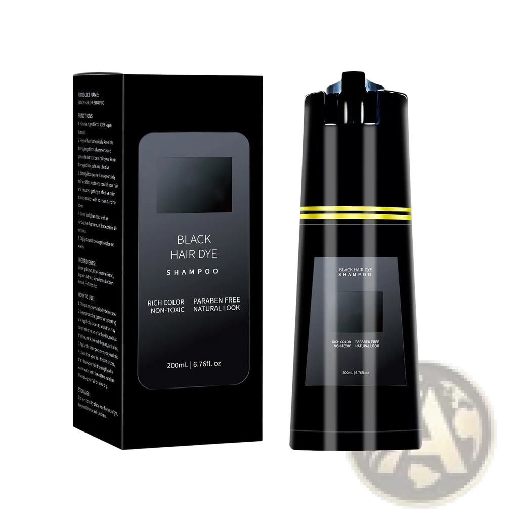 Dark brown hair dye shampoo 200ml in a sleek black glossy bottle with gold accents moisturizing formula packaging