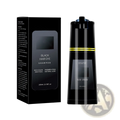 Dark brown hair dye shampoo 200ml in a sleek black glossy bottle with gold accents moisturizing formula packaging