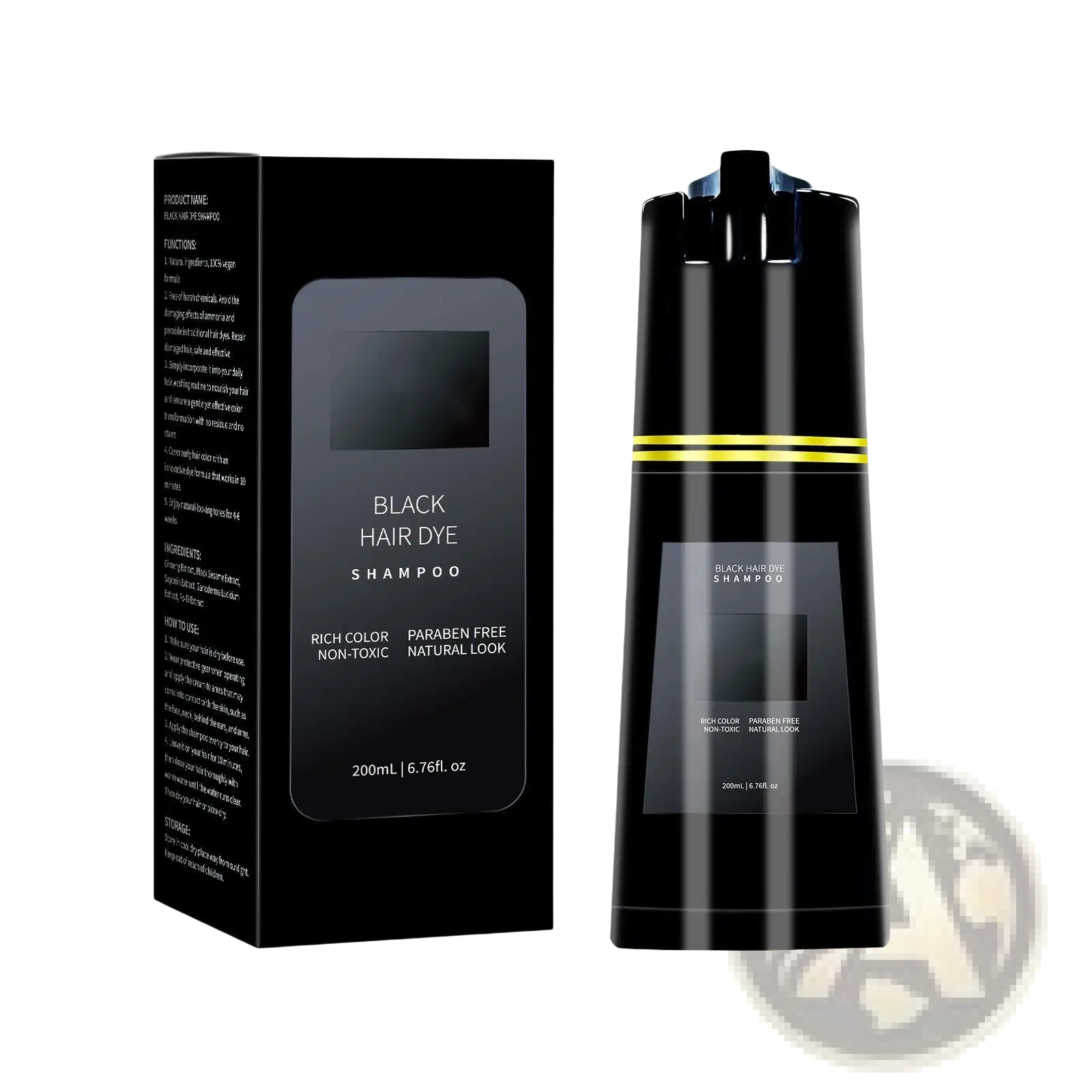 Dark brown hair dye shampoo 200ml in a sleek black glossy bottle with gold accents moisturizing formula packaging