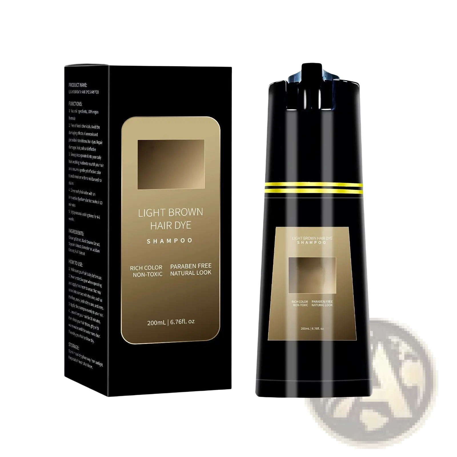 Black bottle of dark brown hair dye shampoo with gold accents and matching box 200ml moisturizing formula