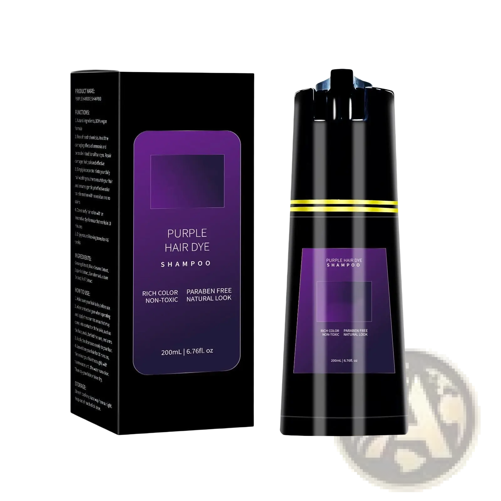 Black bottle of dark brown hair dye shampoo with gold band and matching label beside its black packaging in 200ml size