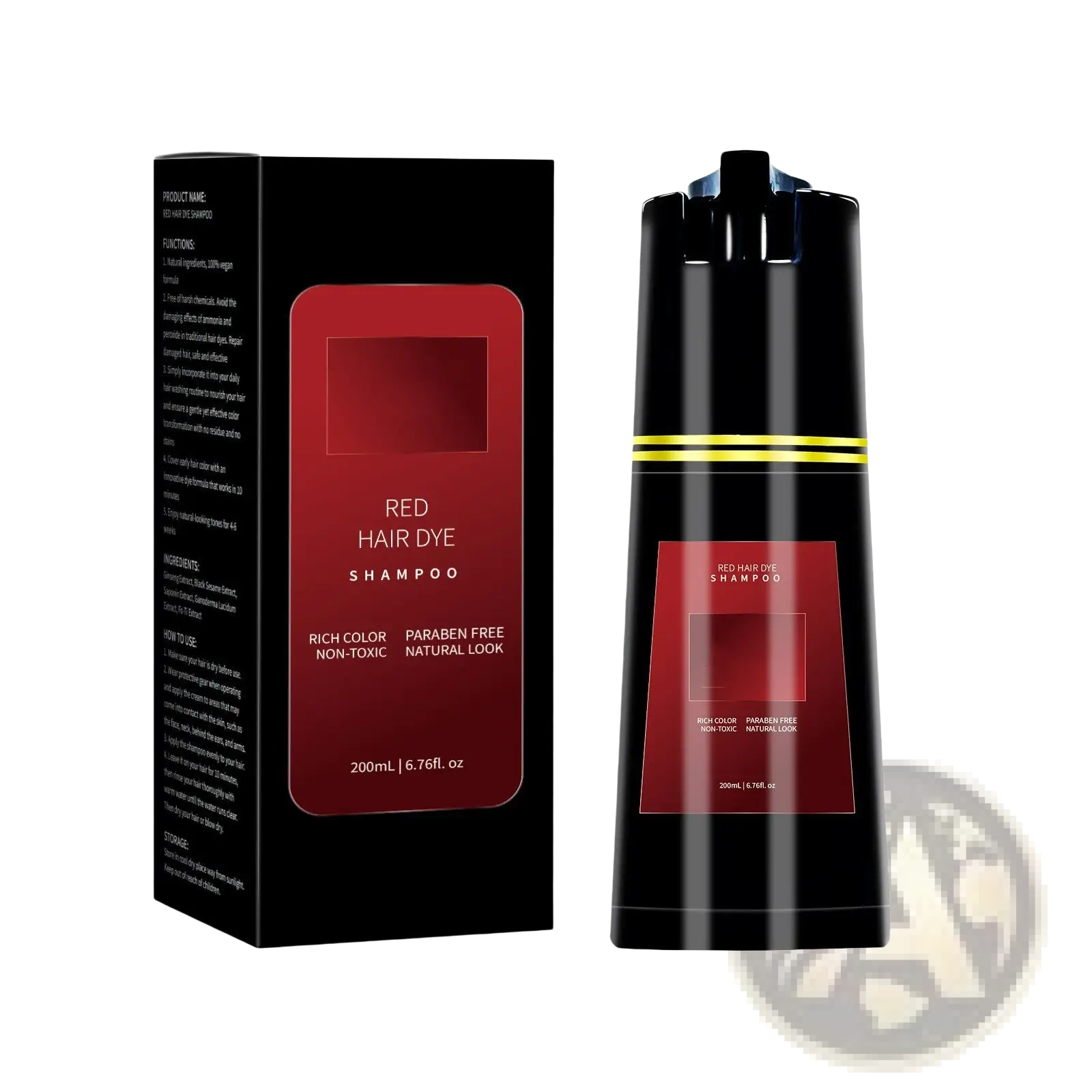 Black bottle and box of dark brown hair dye shampoo with gold accents moisturizing formula 200ml front view