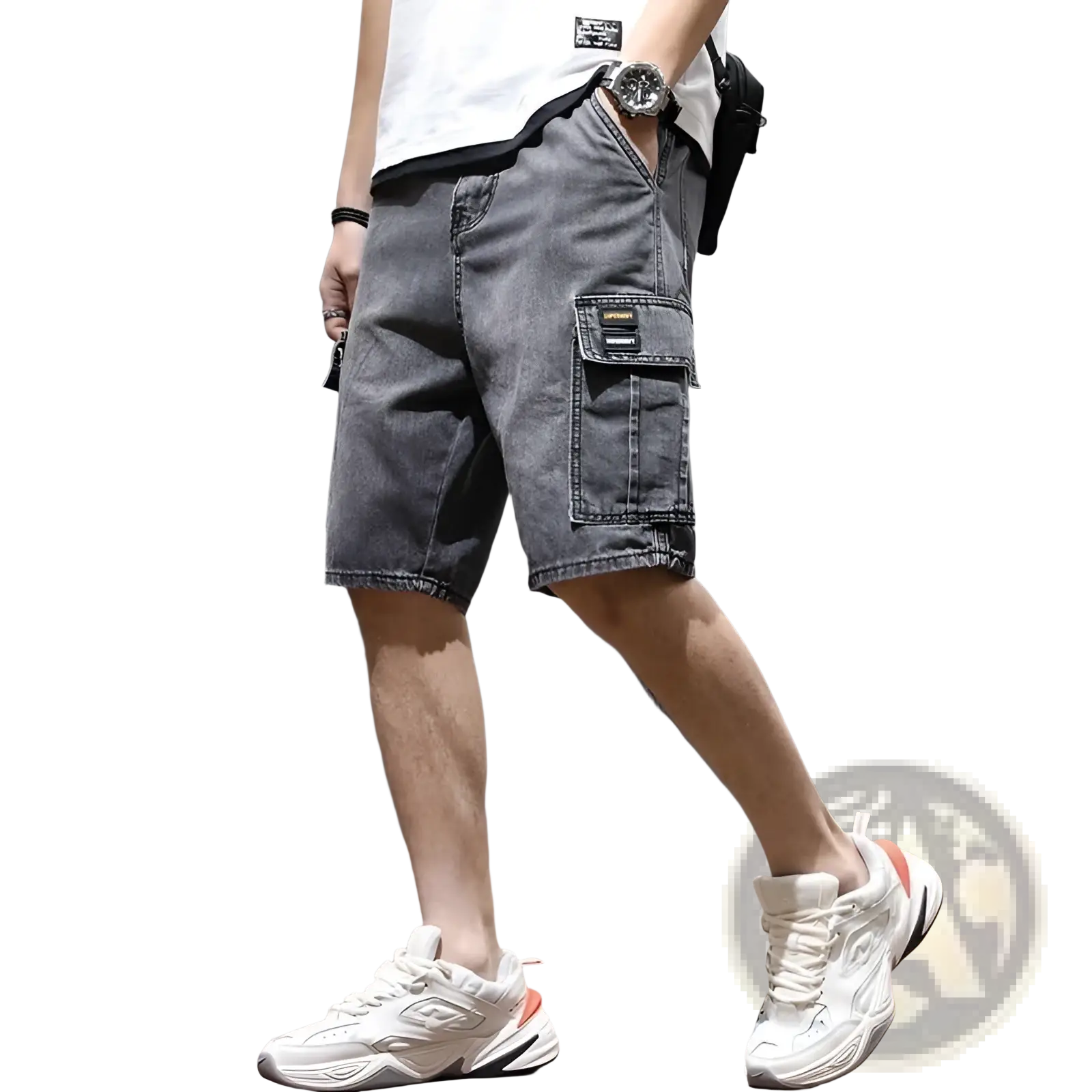 Dark gray denim cargo shorts with subtle fading and a cargo pocket designed for youth workwear use