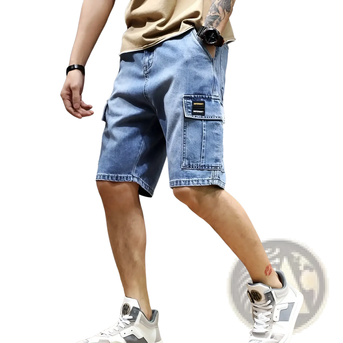 Dark gray denim cargo shorts for youth workwear featuring light-wash denim and a cargo pocket with a black label