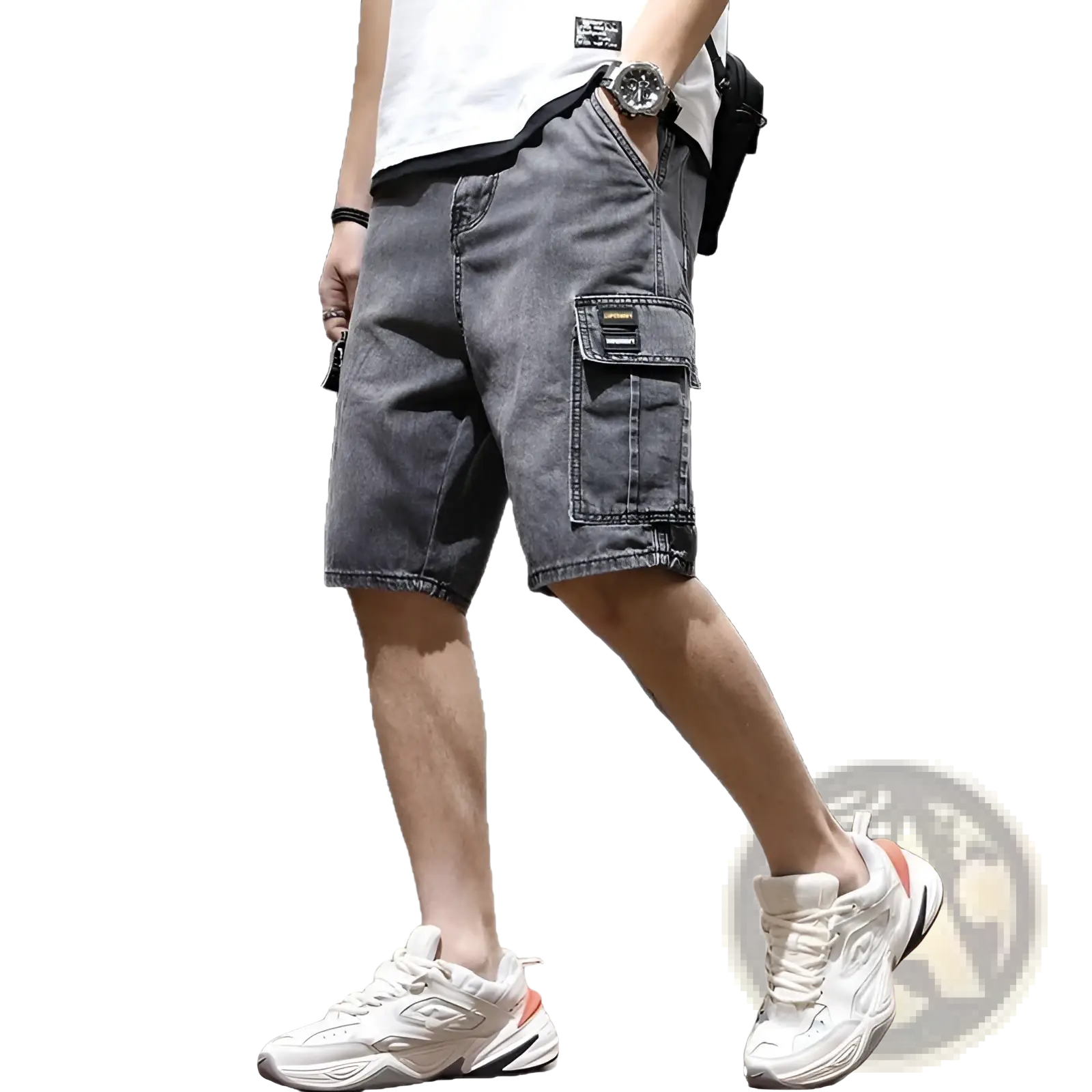 Dark gray denim cargo shorts for youth with a cargo pocket and subtle stitching details for workwear use