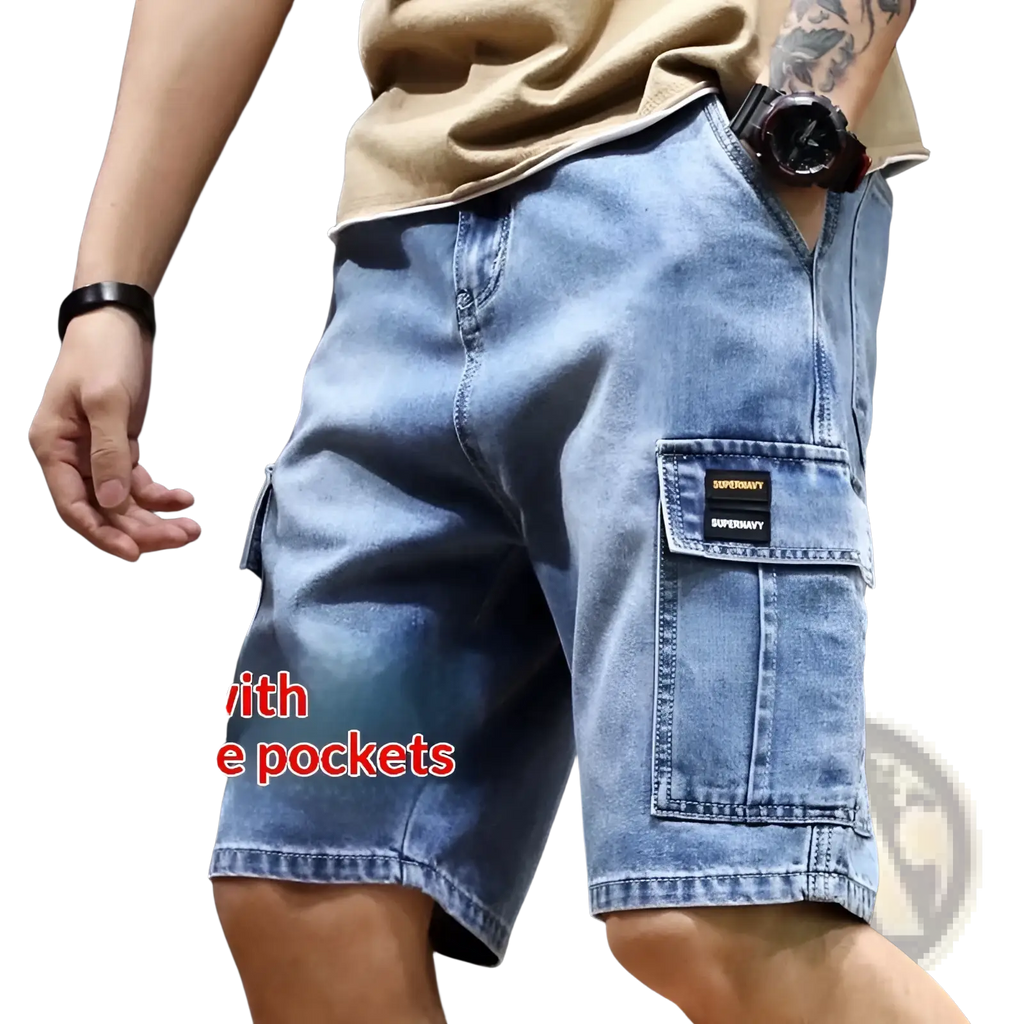 Light-wash denim cargo shorts for youth with multiple pockets and supernavy patch on side pocket for workwear use