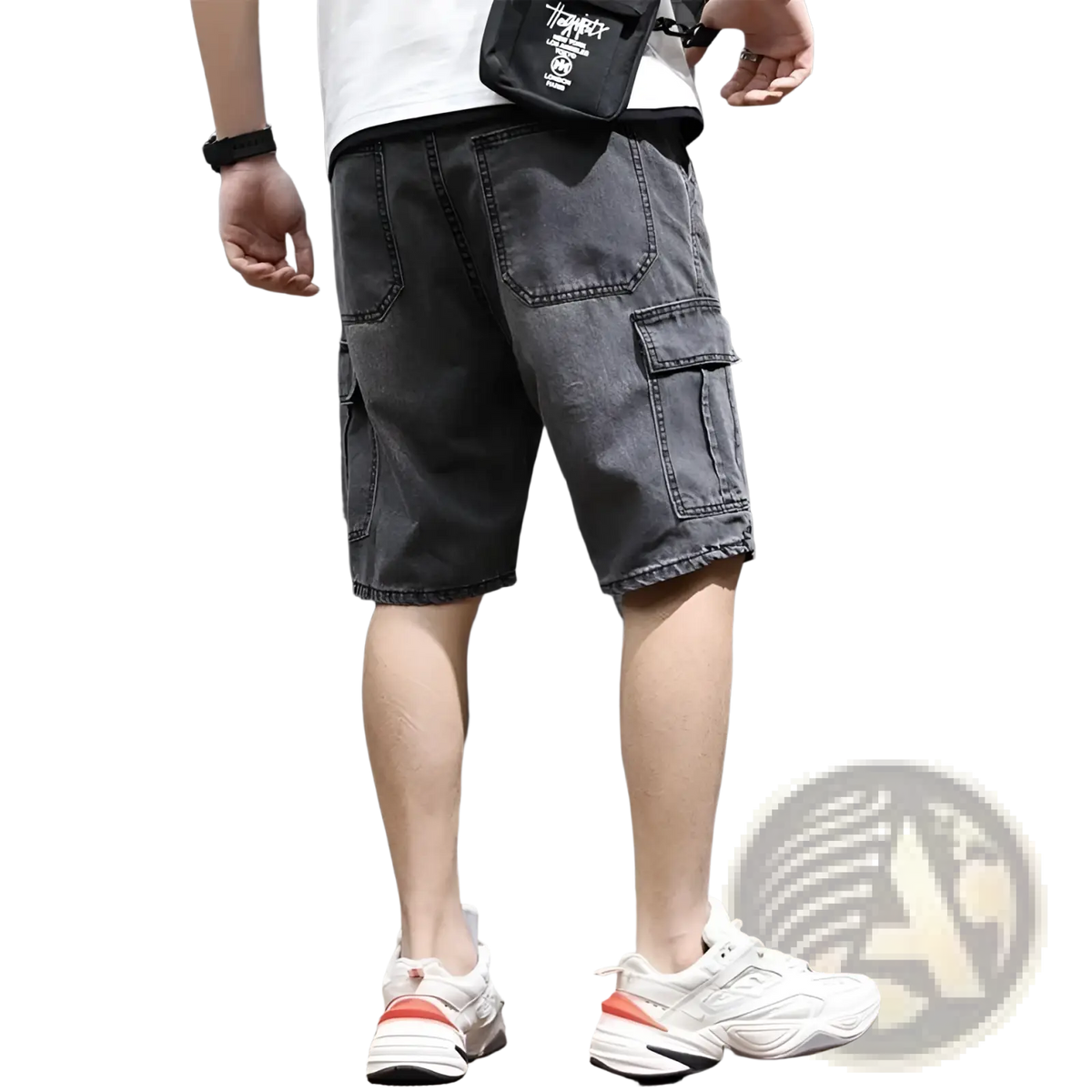Dark gray denim cargo shorts with multiple pockets and a faded finish designed for youth workwear use