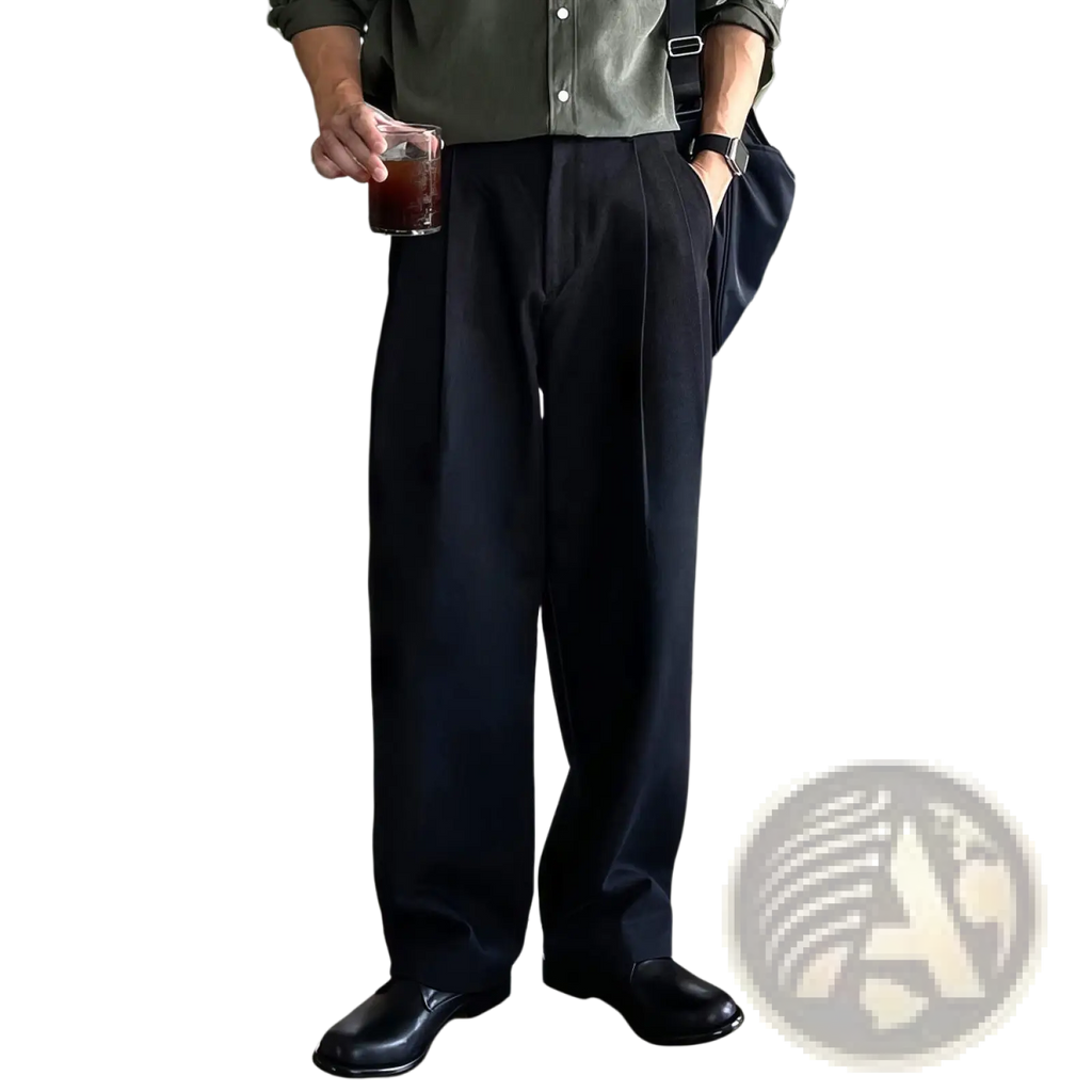 Dark gray pleated wide leg dress pants for men with tailored fit and subtle sheen in black fabric