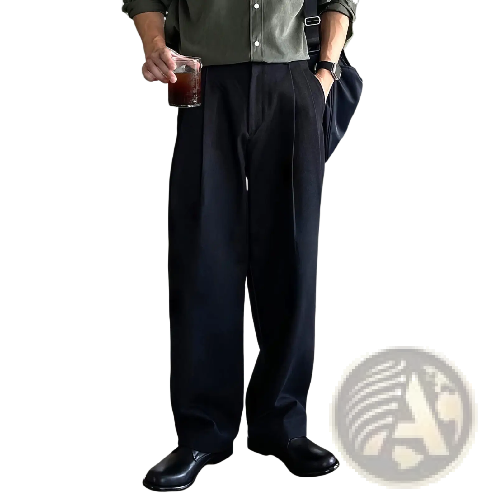 Dark gray pleated wide leg dress pants for men with tailored fit and subtle sheen in black fabric