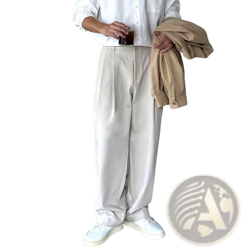 Beige pleated wide-leg trousers with a relaxed fit and tailored lines featured as dark gray dress pants for men