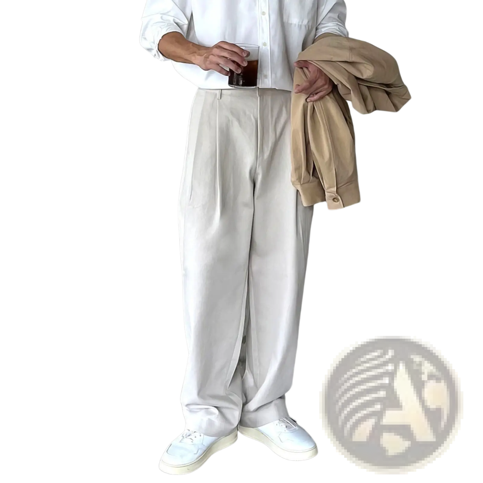 Beige pleated wide-leg trousers with a relaxed fit and tailored lines featured as dark gray dress pants for men