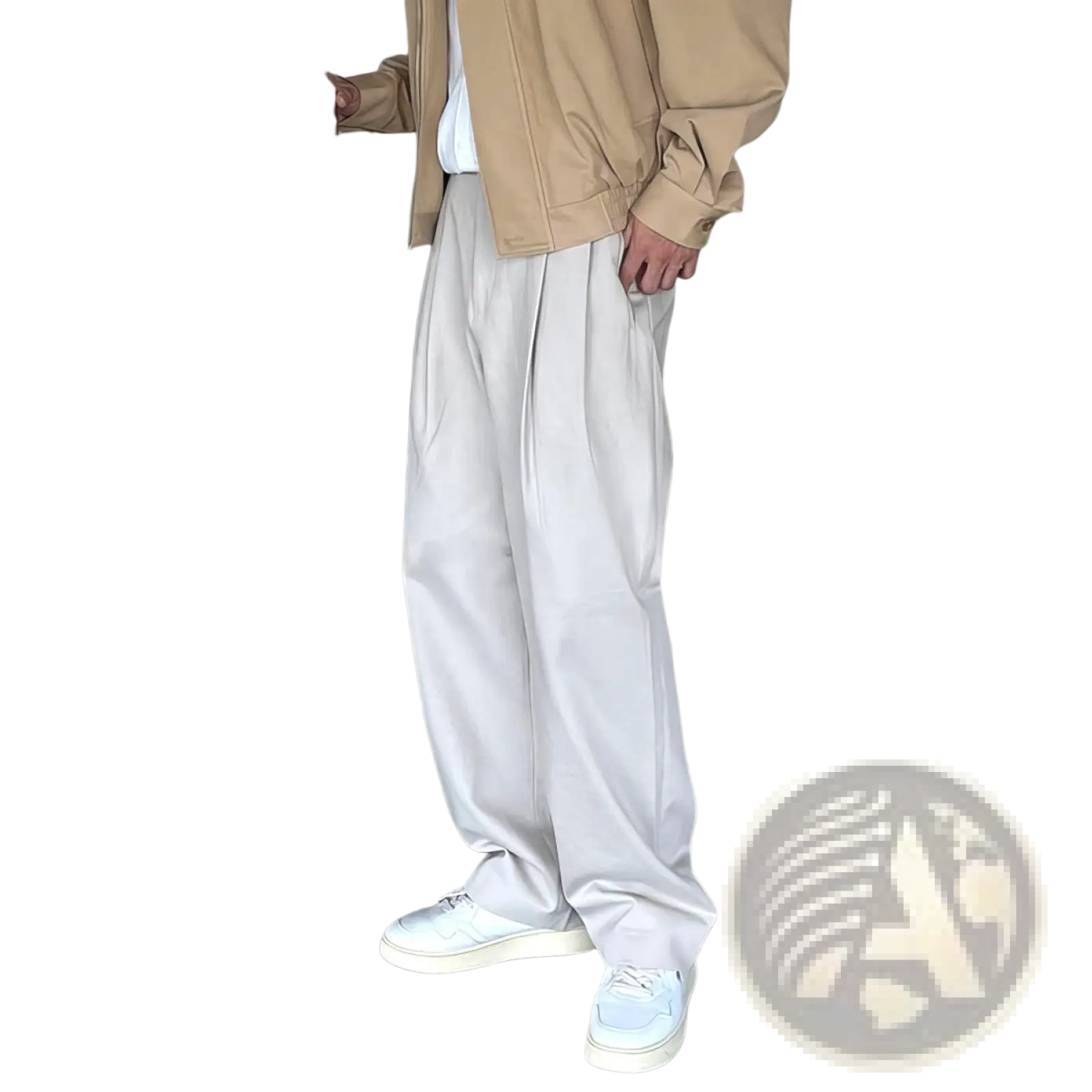 Light beige wide-leg trousers with relaxed fit and subtle pleats complement dark gray pleated wide leg dress pants men