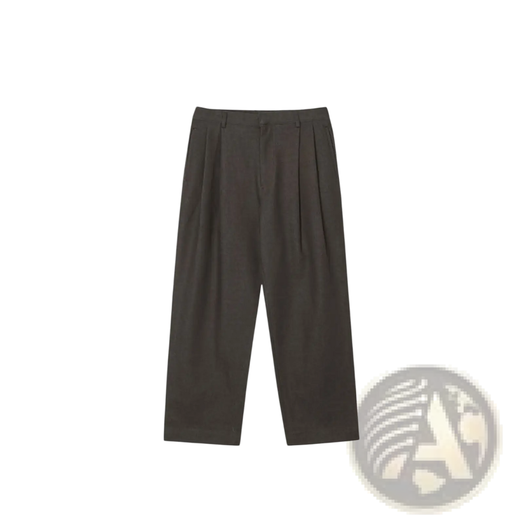 Dark olive pleated trousers with a straight-leg cut and minimalist design in dark gray wide leg dress pants men style