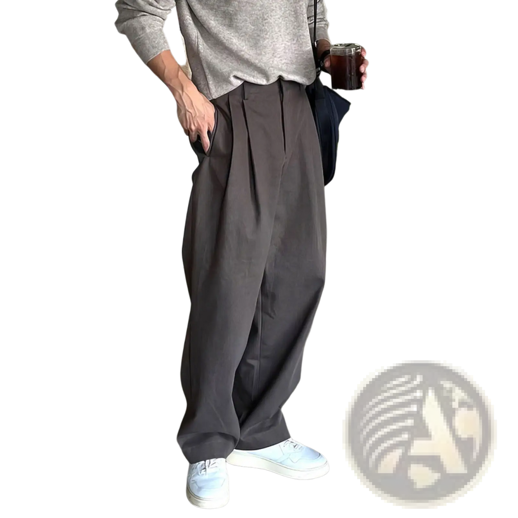 Dark gray pleated wide leg dress pants for men featuring relaxed fit and breathable fabric for formal occasions