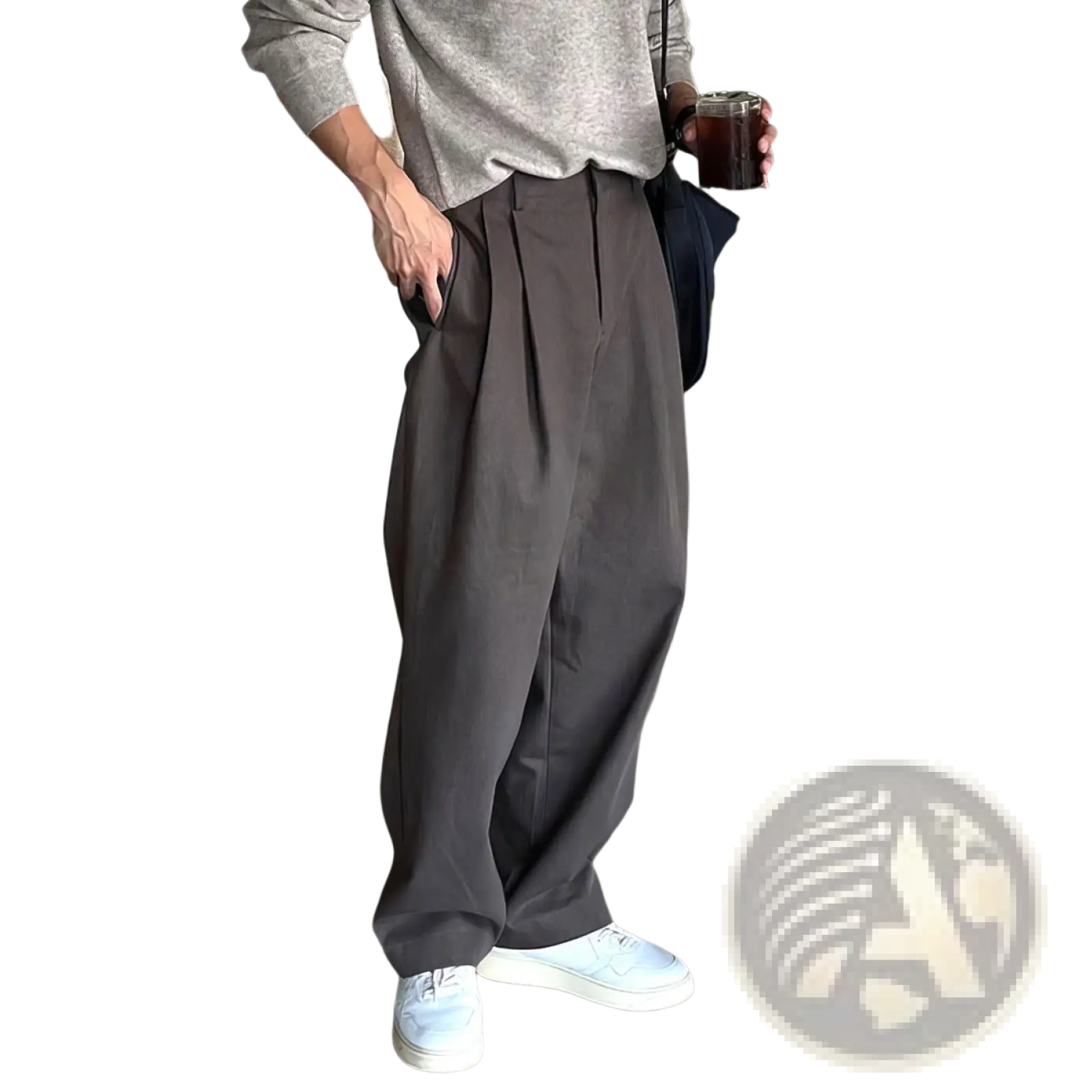 Dark gray pleated wide leg dress pants for men featuring relaxed fit and breathable fabric for formal occasions