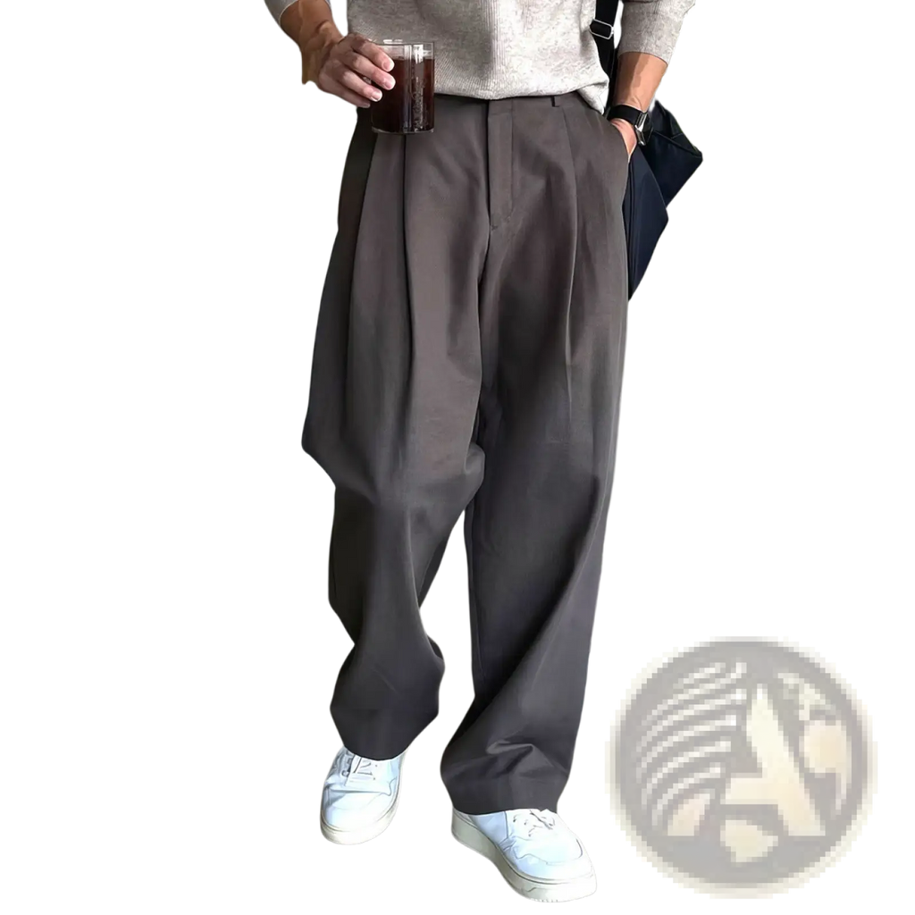 Dark gray pleated wide leg dress pants for men featuring a relaxed fit and formal style for professional wear