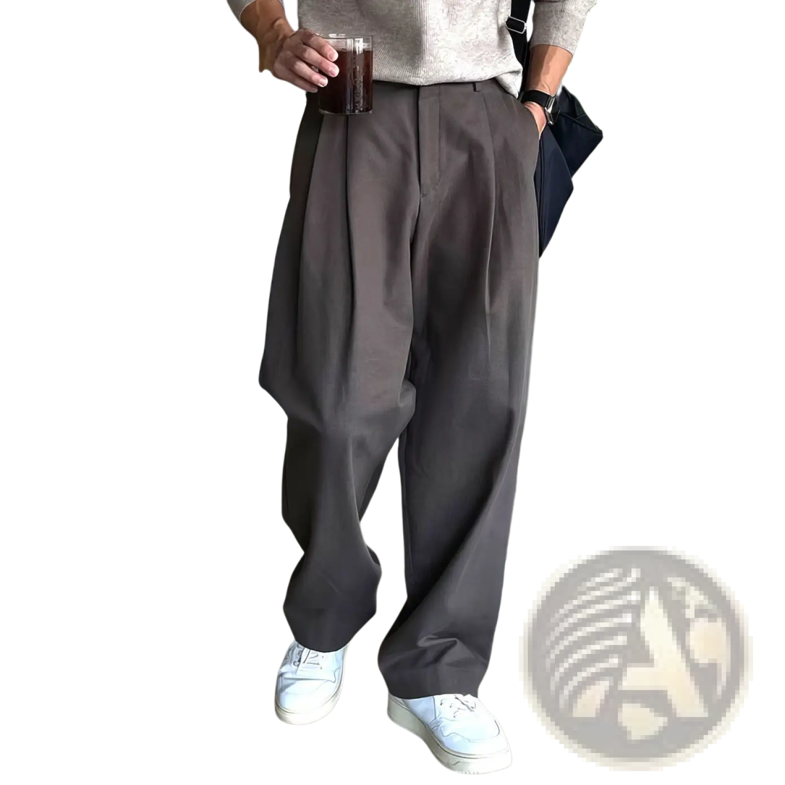 Dark gray pleated wide leg dress pants for men featuring a relaxed fit and formal style for professional wear
