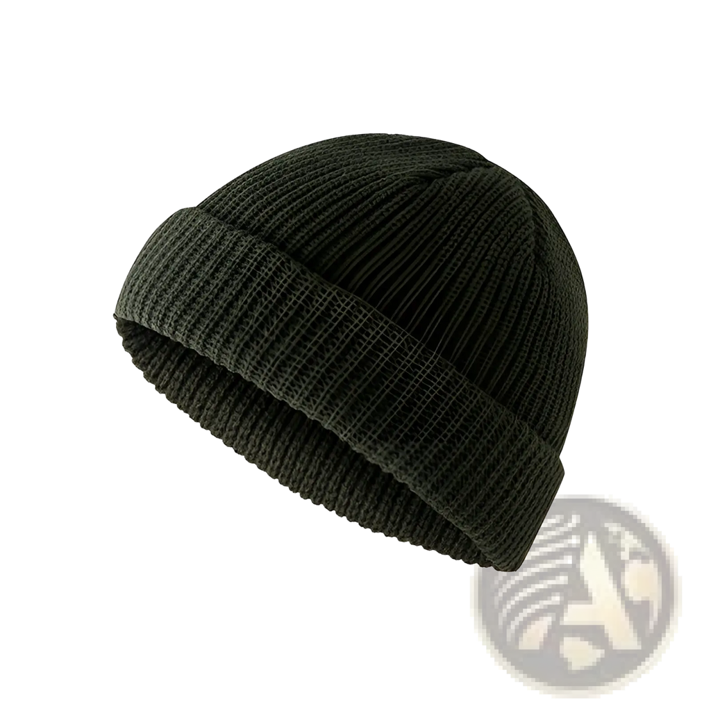 Dark olive green ribbed knit beanie with folded cuff made from wool suitable for cold weather use