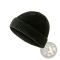 Dark olive green ribbed knit beanie with folded cuff made from wool suitable for cold weather use