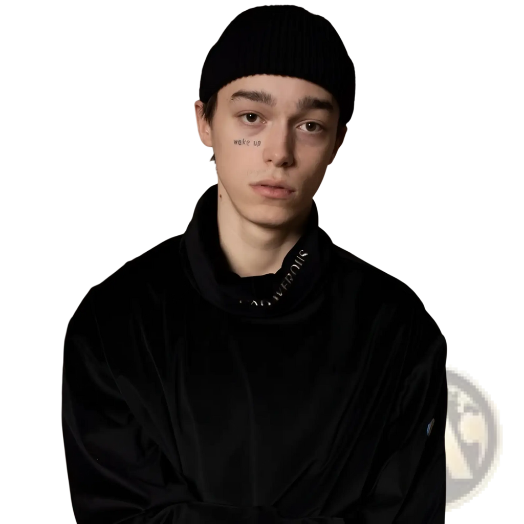 Black velvet hoodie with high collar and subtle white lettering along neckline shown with dark gray ribbed wool beanie hat
