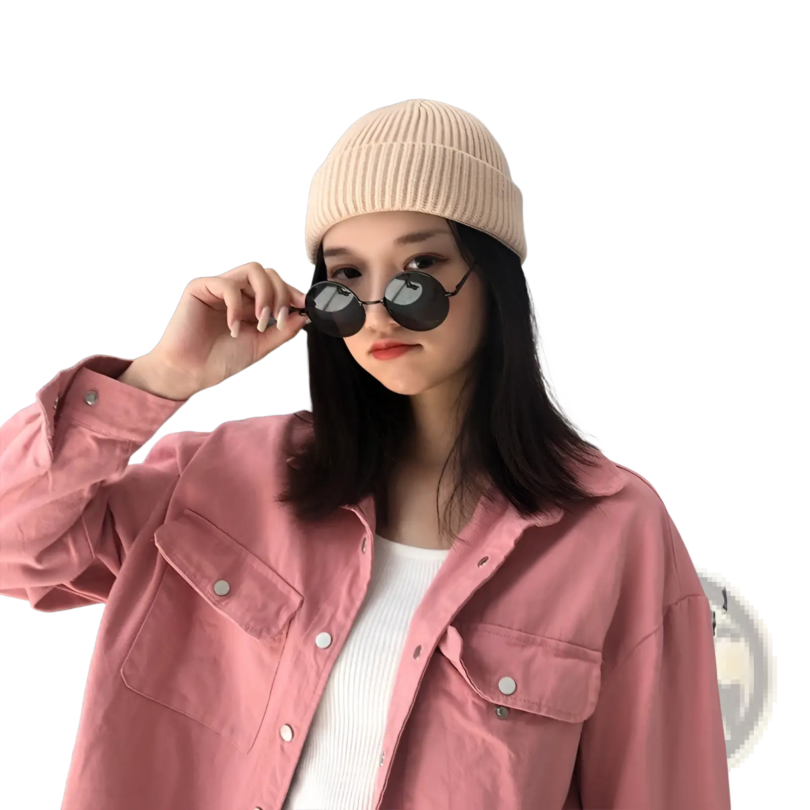 Dark gray ribbed wool beanie hat displayed with a soft pink corduroy jacket featuring silver buttons and front pockets