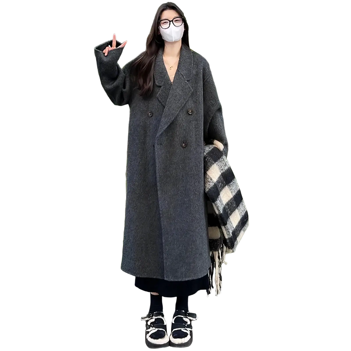 A cozy dark gray double-breasted wool overcoat with soft textured fabric and classic notched lapels