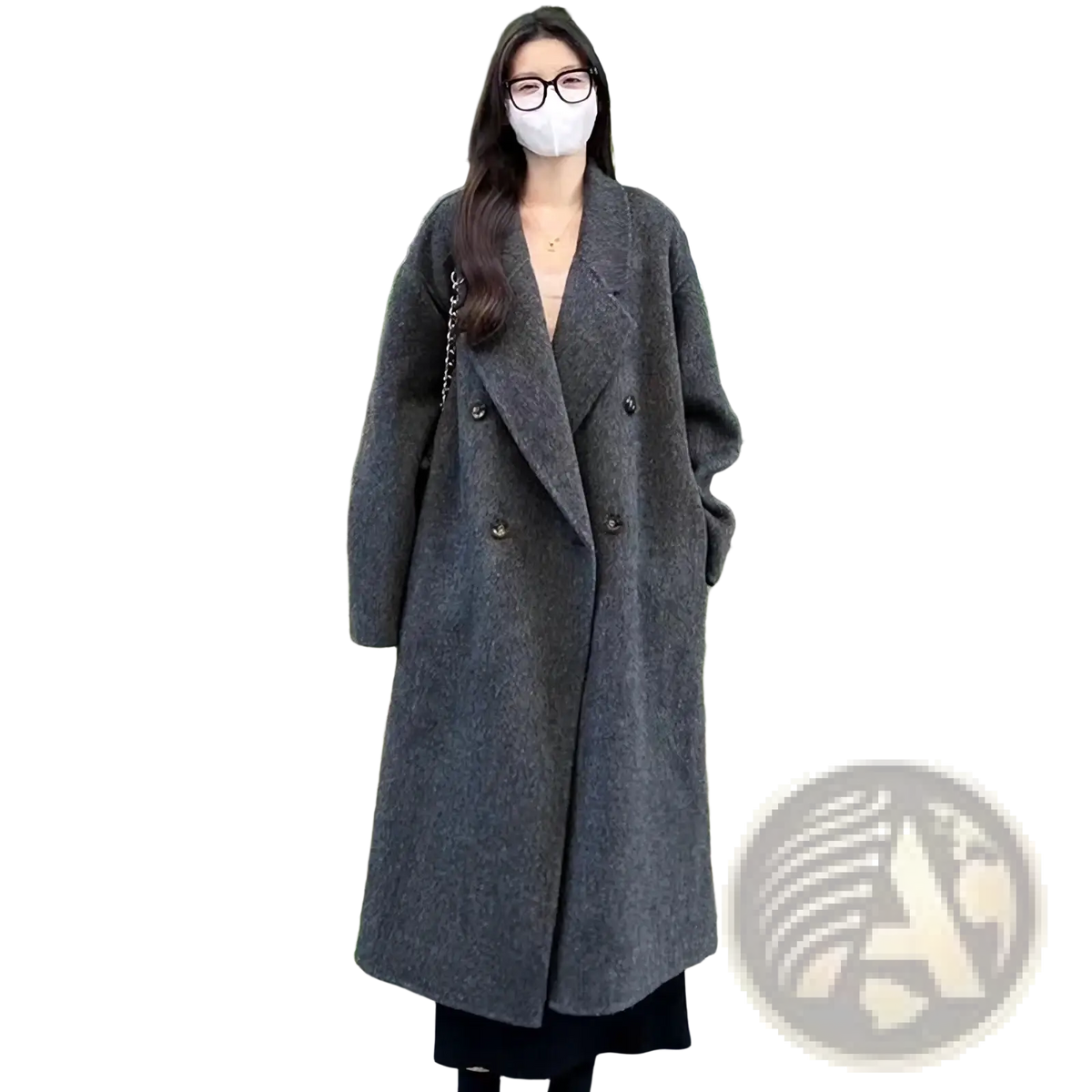 Dark gray woolen double breasted overcoat with classic collar and button closure for formal outerwear
