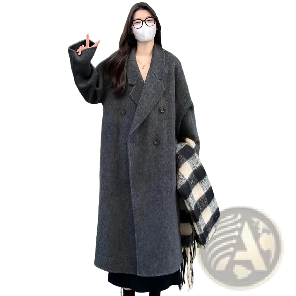 Dark gray woolen double breasted overcoat with classic collar and button closures for formal outerwear